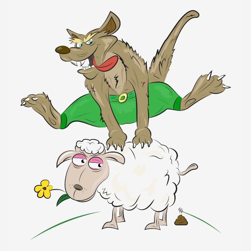 Wolf springt über das Schaf - Wolf mit Schaf