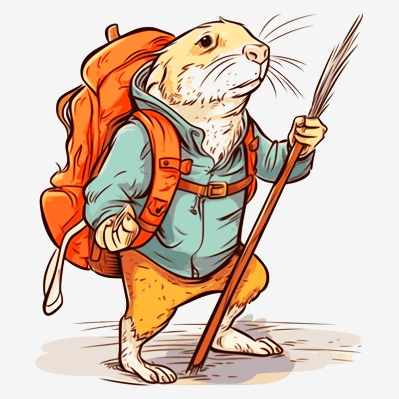 Mole rat as a hiker with stick and backpack