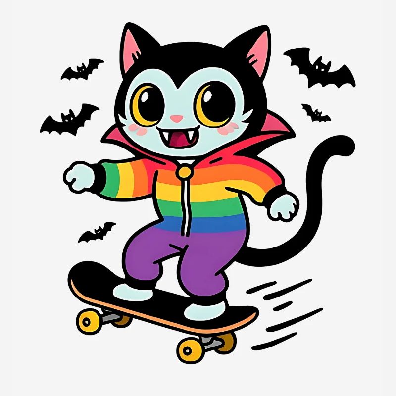 Rainbow Vampire Cat Skateboarding
