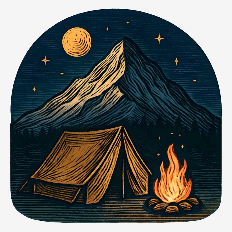 Mountain camping at night with fire