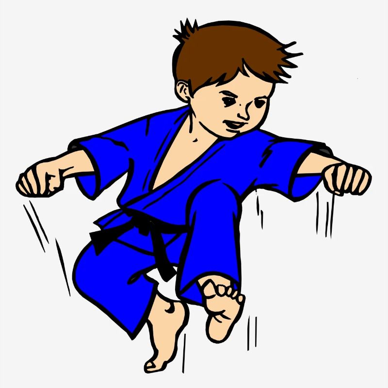 Blauer Anzug Karatekind oder Judokind mit schwarzem Gürtel