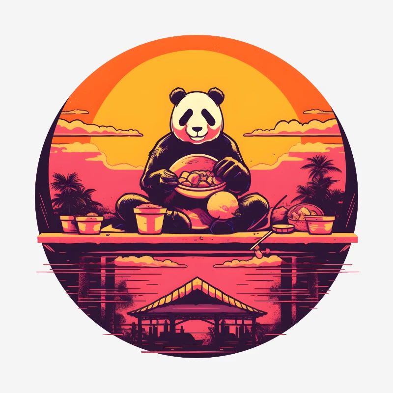 Synthwave mangeant Panda Japon Coucher de soleil