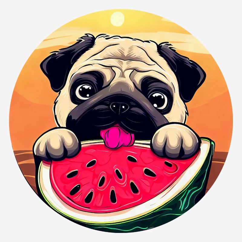 Pug with melon at sunset, summer