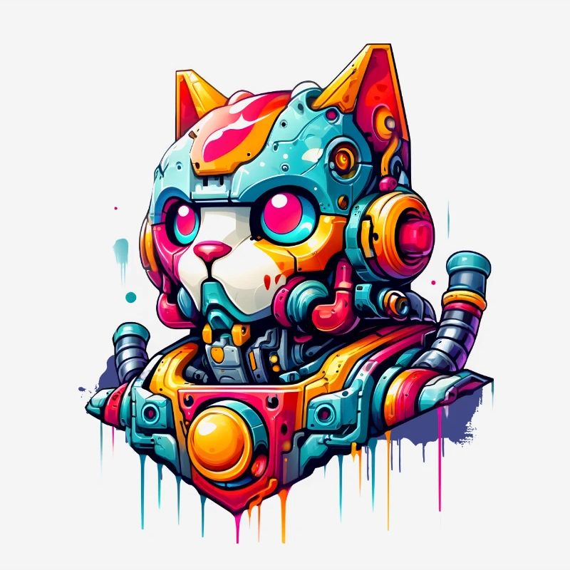Chat conçu comme un robot dans le style graffiti de la bande dessinée