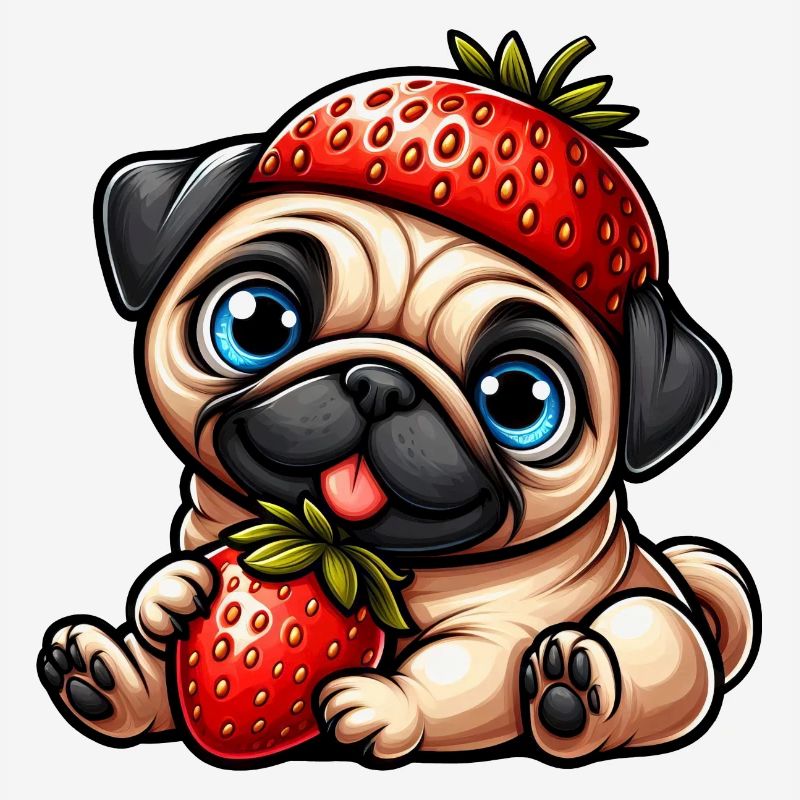 Whimsical Dog Pug Strawberry Fruity Comic Design