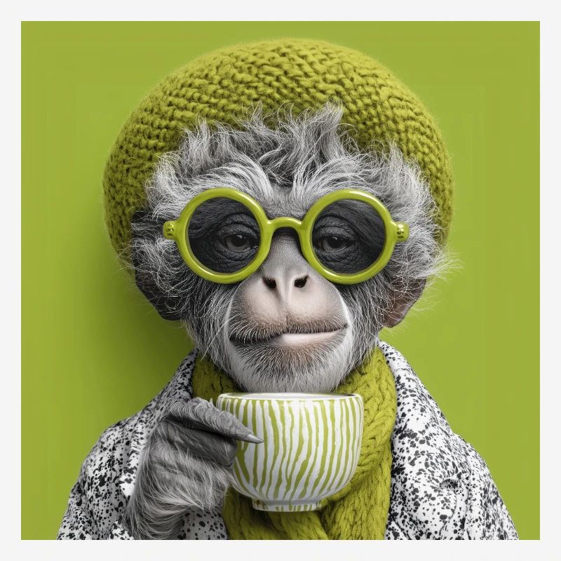 Stylish monkey with sunglasses and coffee cup