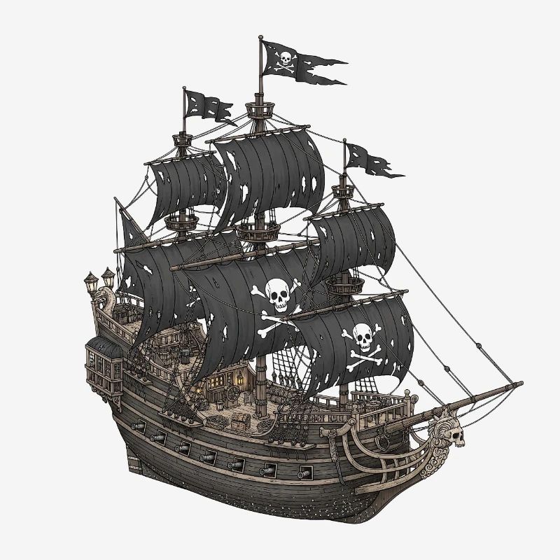 Abandoned pirate ship with skull logo