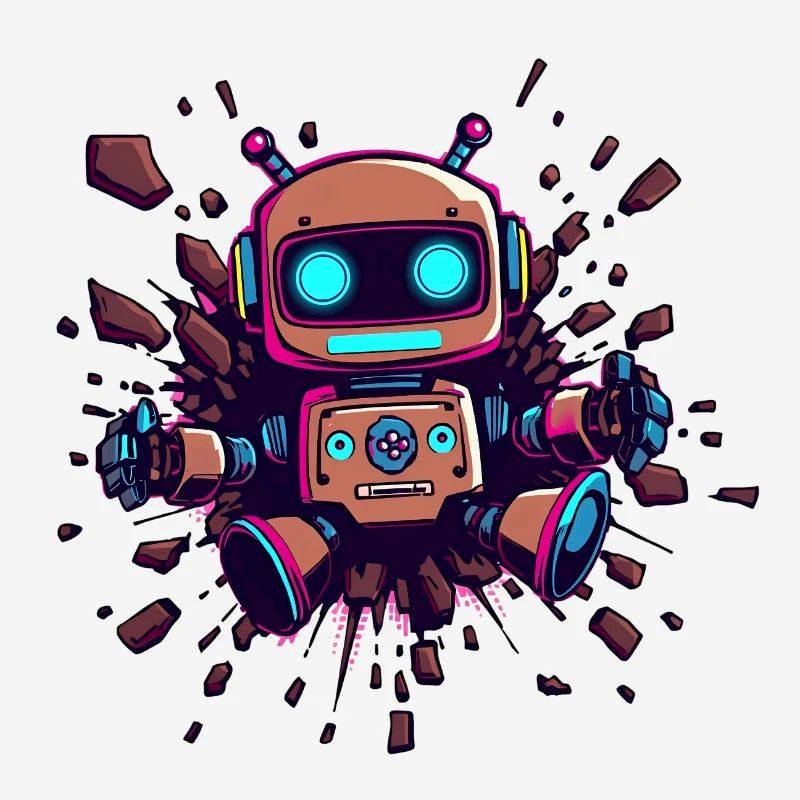 Neon Robot Breaks Through Wall Futuristic