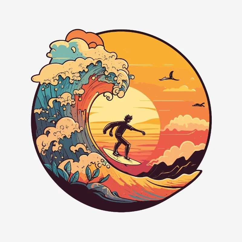 Sunset wave surfer in the light