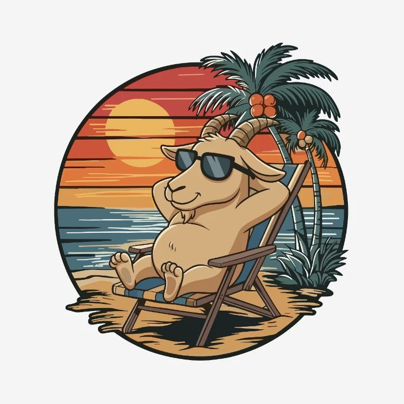 Funny Goat on Beach Summer Vacation Sunset