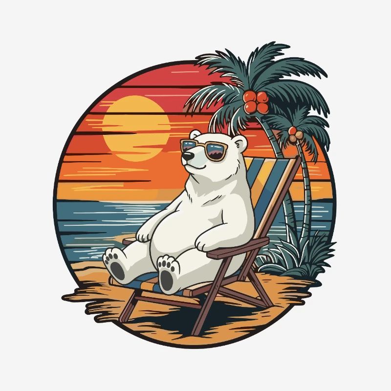Funny Polar Bear on Beach Summer Vacation Sunset