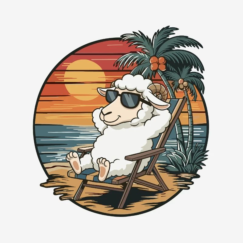 Funny Sheep on Beach Summer Vacation Sunset