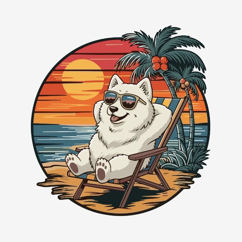 Funny Samoyed Dog on Beach Summer Vacation Sunset