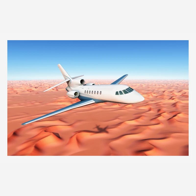 A passenger plane over a sandy desert