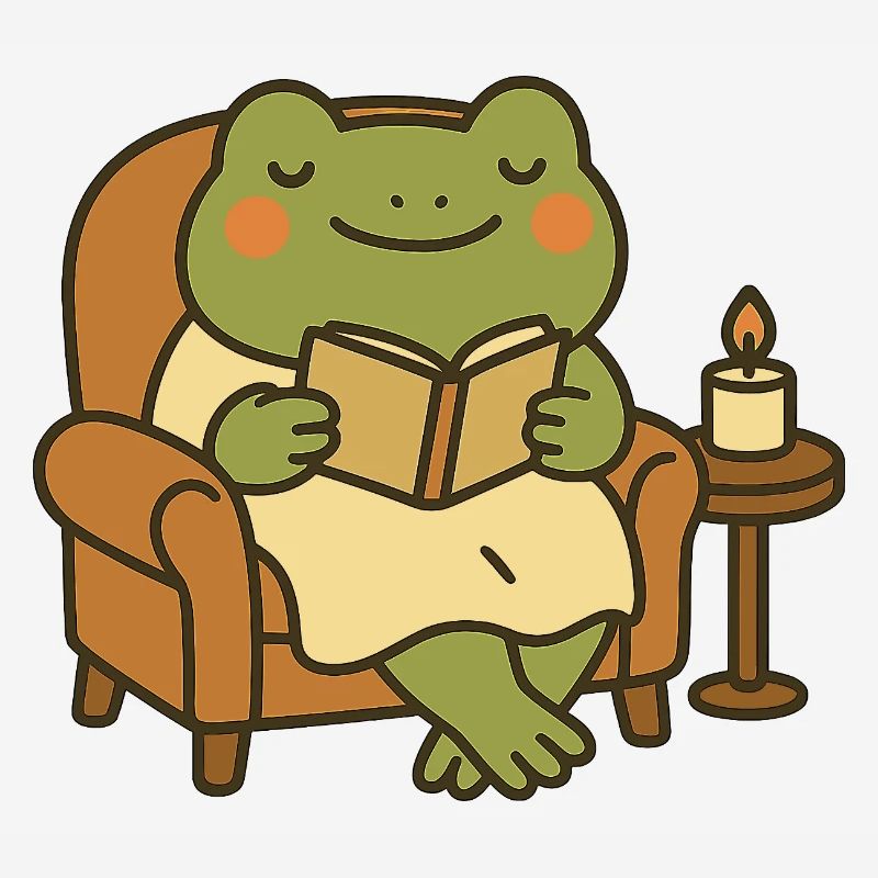 Grenouille lisant dans un fauteuil – Soirée douillette