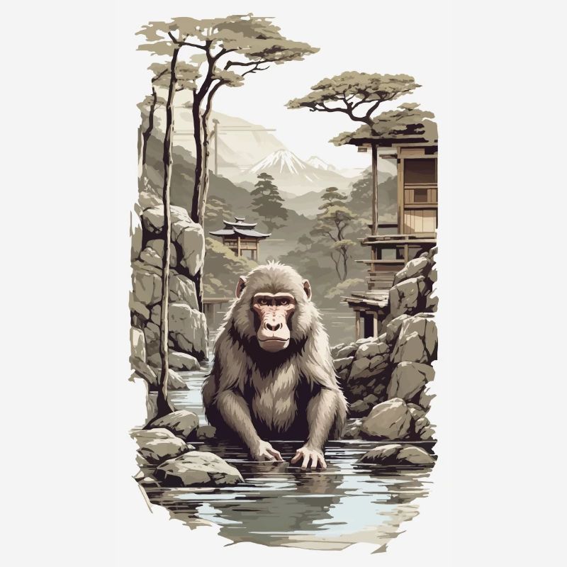 Japanese macaque ukiyo-e monkey in hot spring design