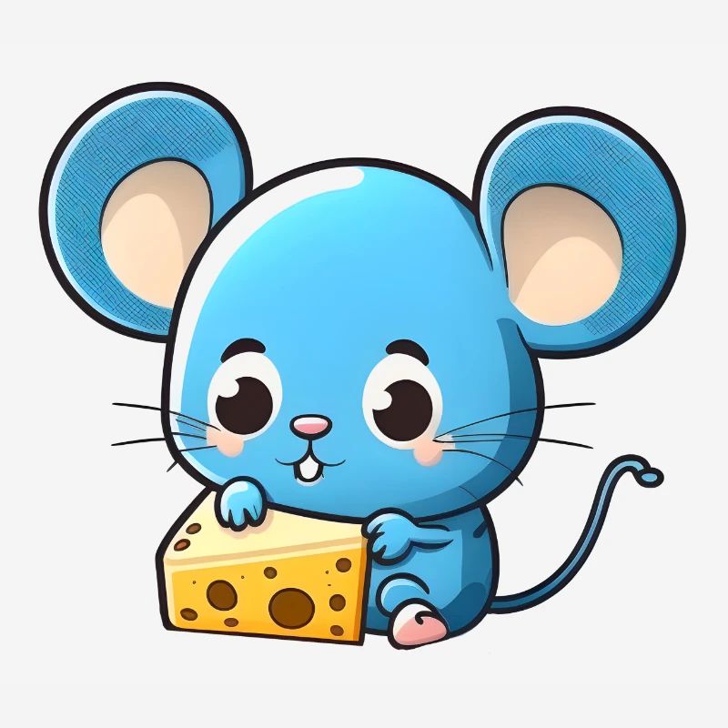 Little blue comic mouse plays with cheese