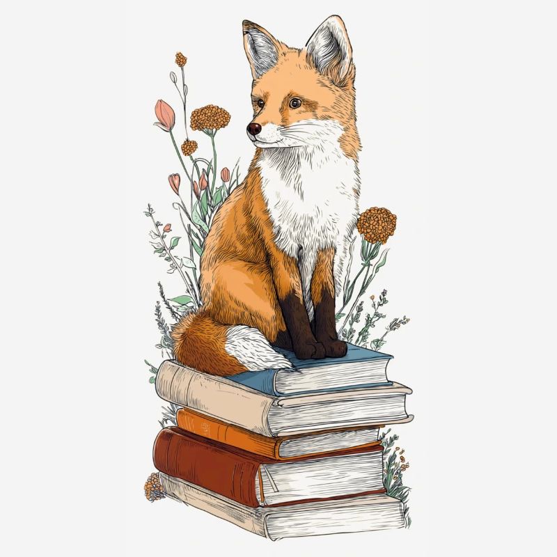 Fox on stack of books