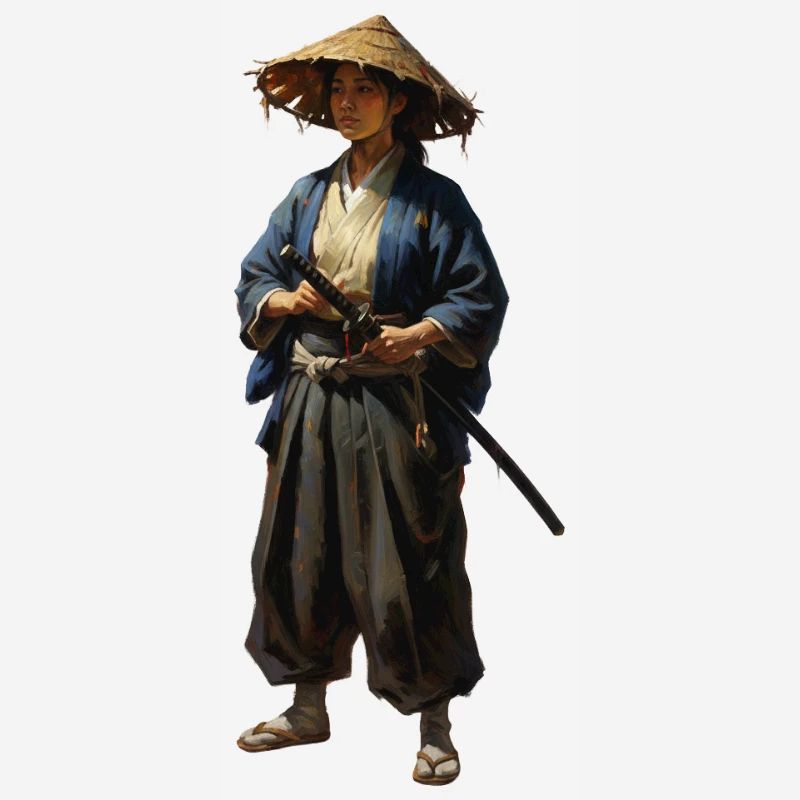 samurai warrior with straw hat realistic