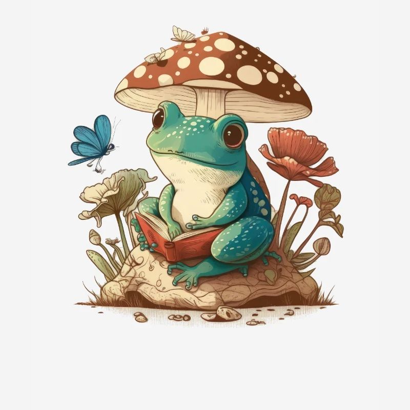 Lecture de grenouille champignon esthétique cottagecore blanc