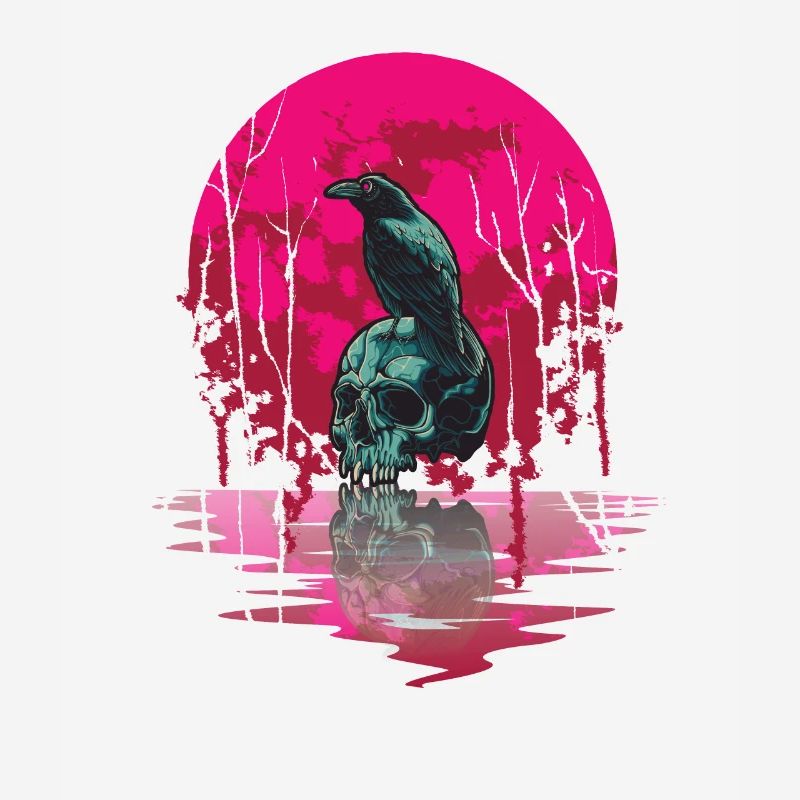 Gothic Skull Red Moon Black Crow