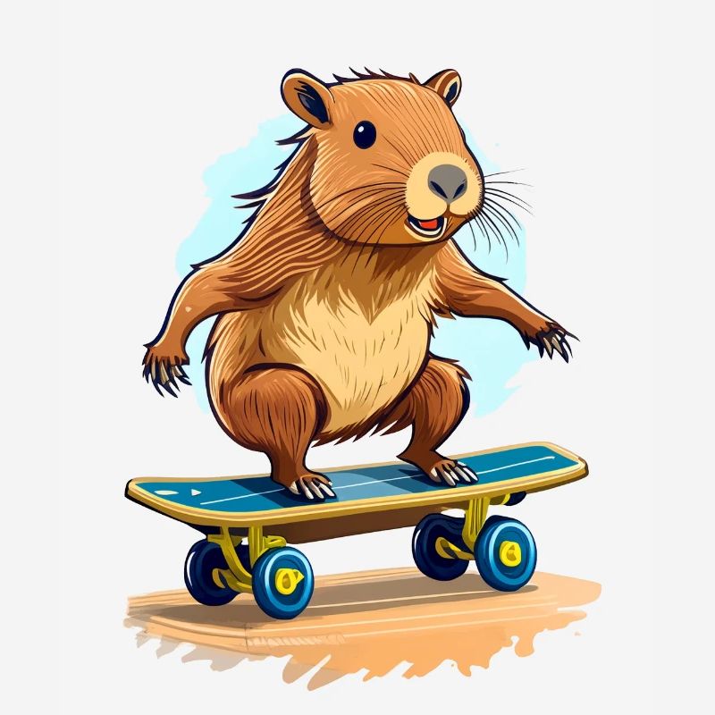 A capybara rides a skateboard