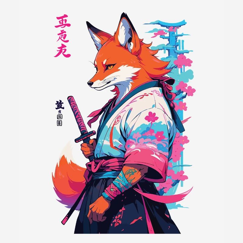 Kitsune Samurai Fox Aesthetic Vaporwave Style