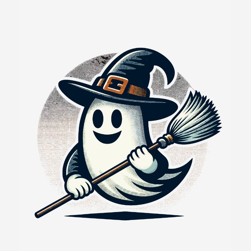 funny Halloween witch ghost with witch broom