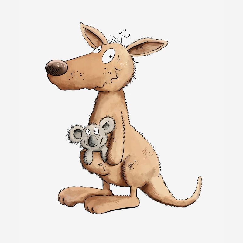 Funny kangaroo with koala bear in a pouch