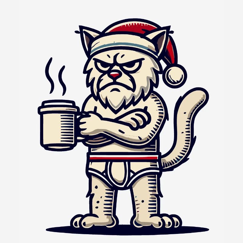 Funny grumpy Christmas cat with coffee