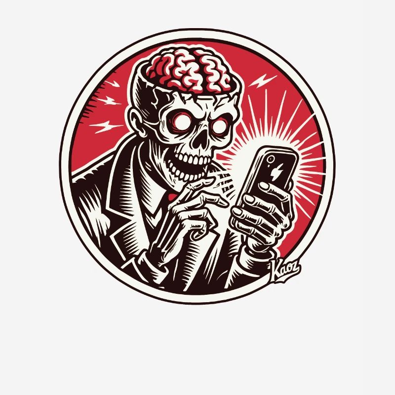 Zombie skeleton while doomscrolling on smartphone