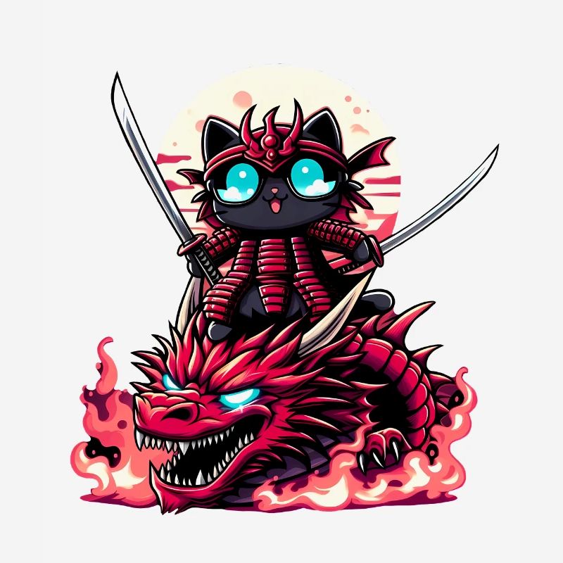 Chat samouraï avec épée sur dragon dans une bataille épique 3D