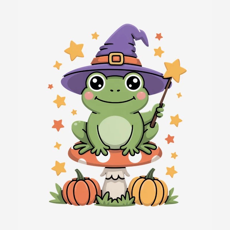 Witch frog on toadstool with pumpkins