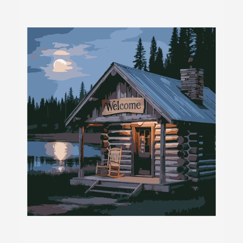Scène nocturne de cabane de lac rustique