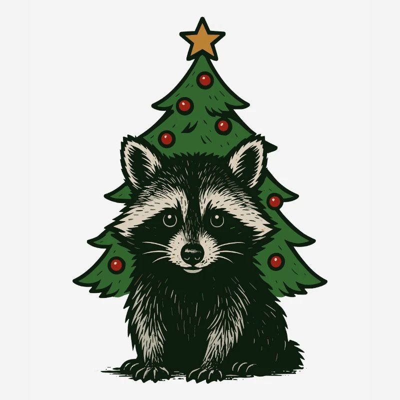raton laveur de Noël devant le sapin de Noël