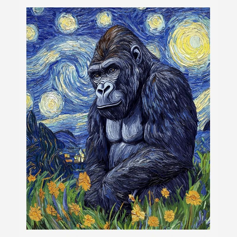 Gorilla Gorillas Monkey Van Gogh Style Starry Night