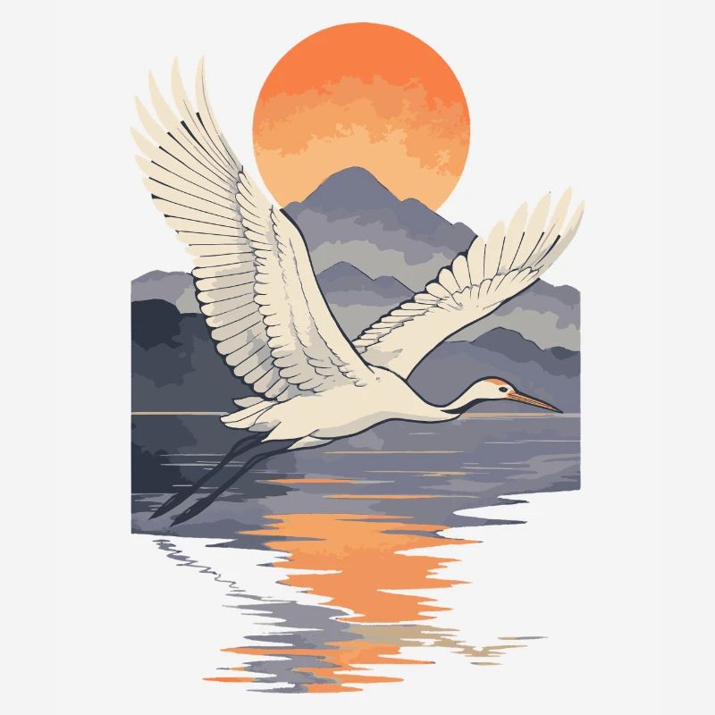 Crane Flying at Sunset Reflection