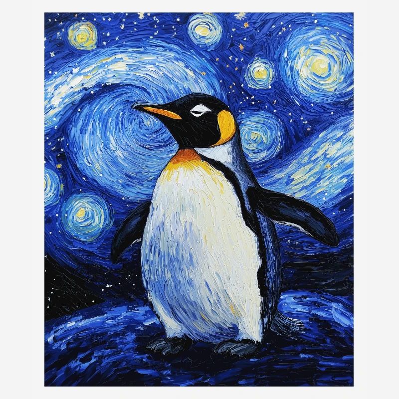 Pingouin oiseau style Van Gogh nuit étoilée
