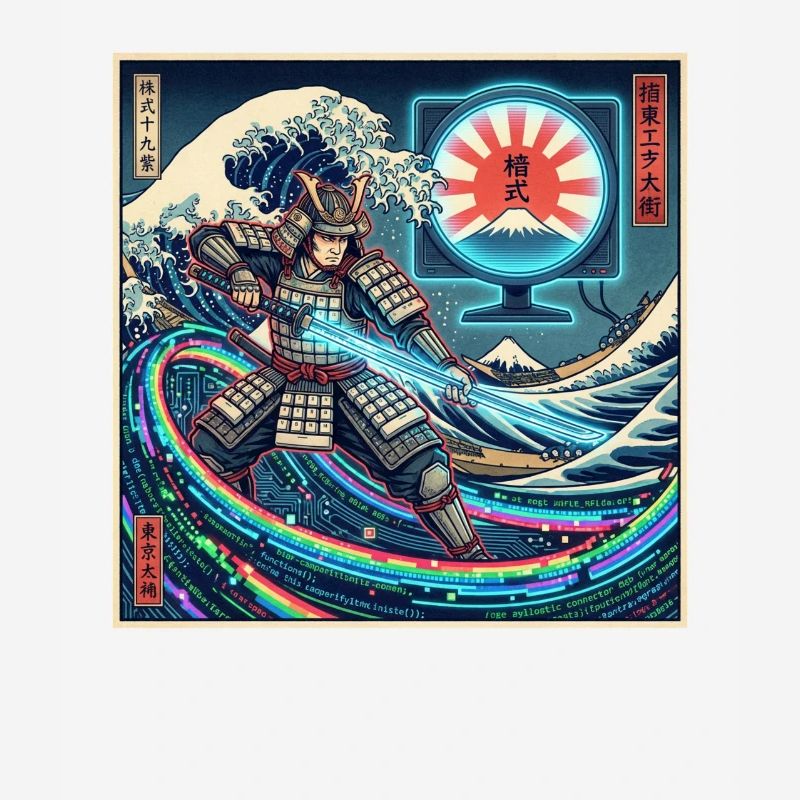 Cyber Samurai 模式 devant les vagues et Fuji