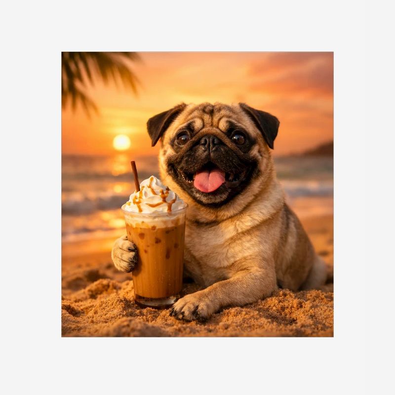 Funny Pug Summer Beach Coffee Sunset Meme