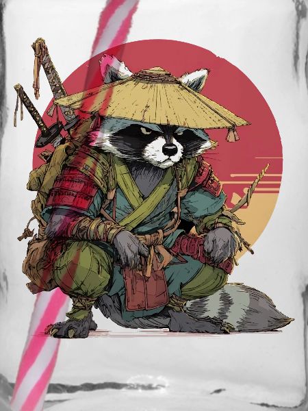 Waschbär-Samurai mit Strohhut