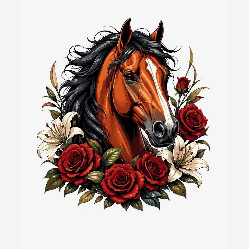 Pferdengesicht mit Rosenrahmen