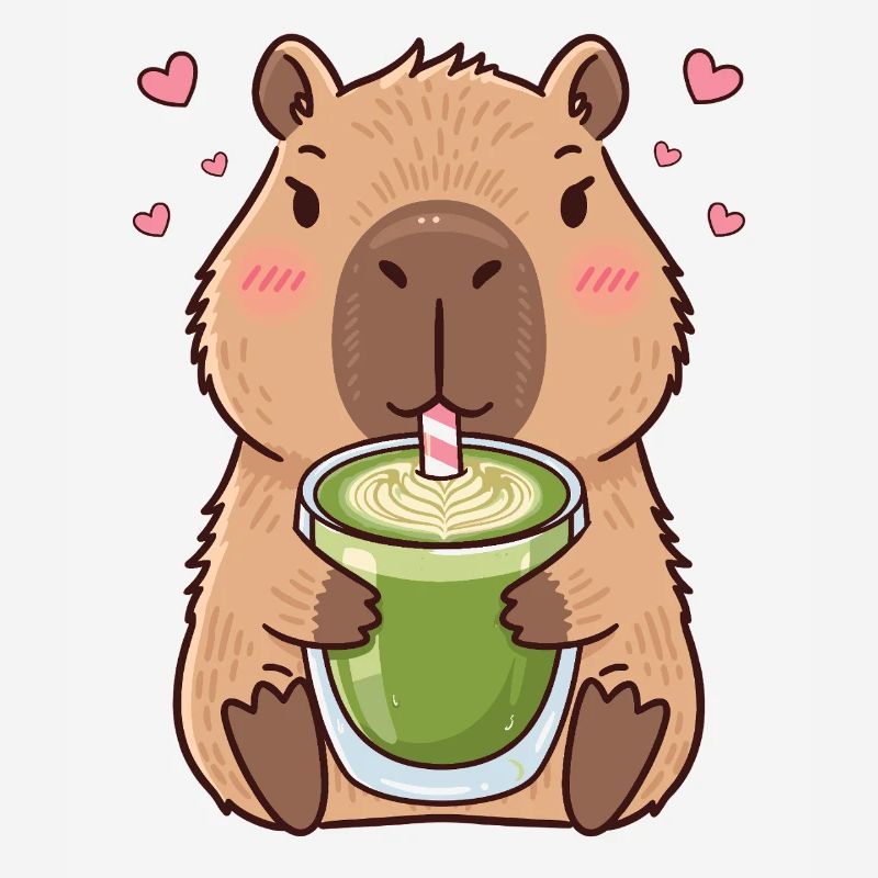 Cute Kawaii Capybara Drinking Matcha Tea Latte