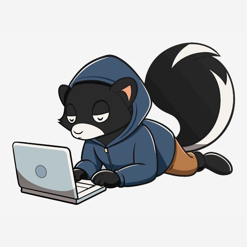 Mignonne mouffette hacker en sweat à capuche devant le PC
