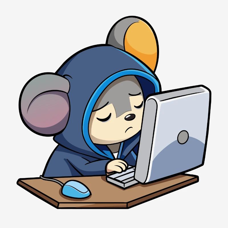 Une souris pirate mignonne dort dans un sweat à capuche devant le PC