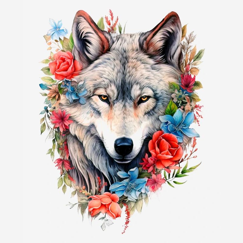 Wolf mit Blumen Mädchen