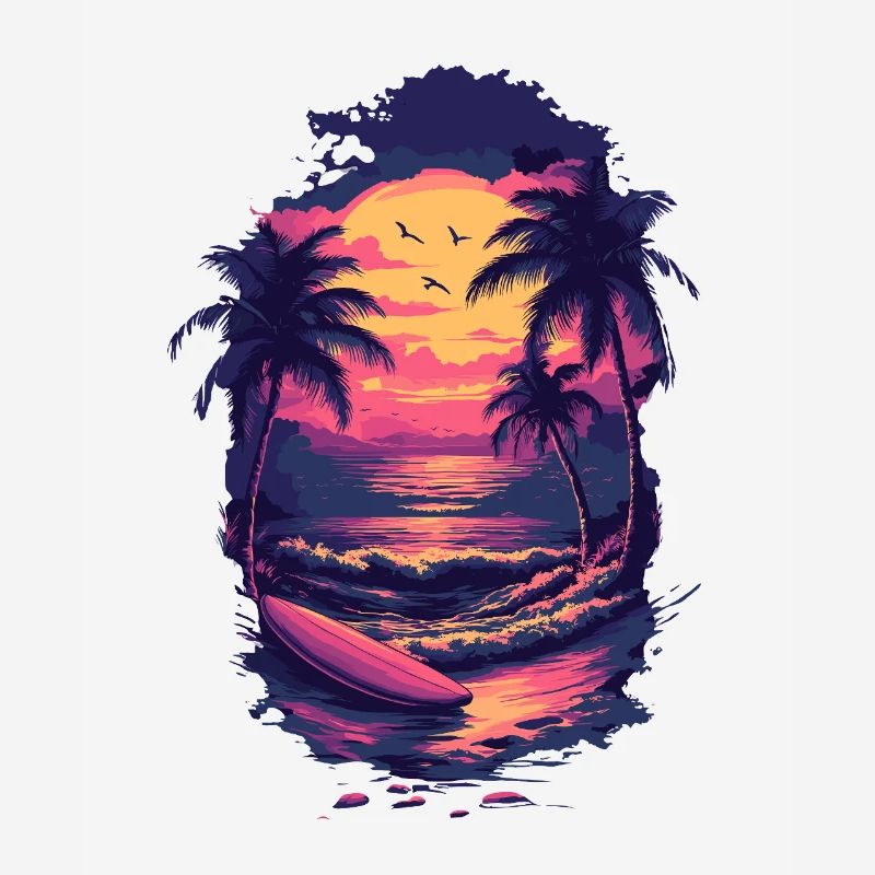 Planche de surf Sunset – Retro Palm Trees & Waves Design