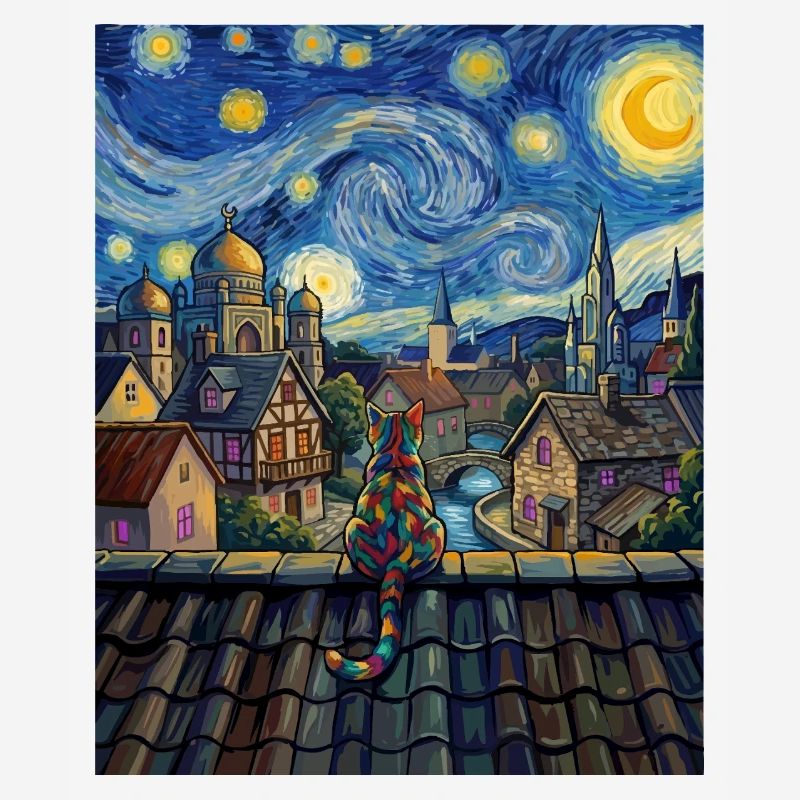 Cosmic Cat Over Moonlit City