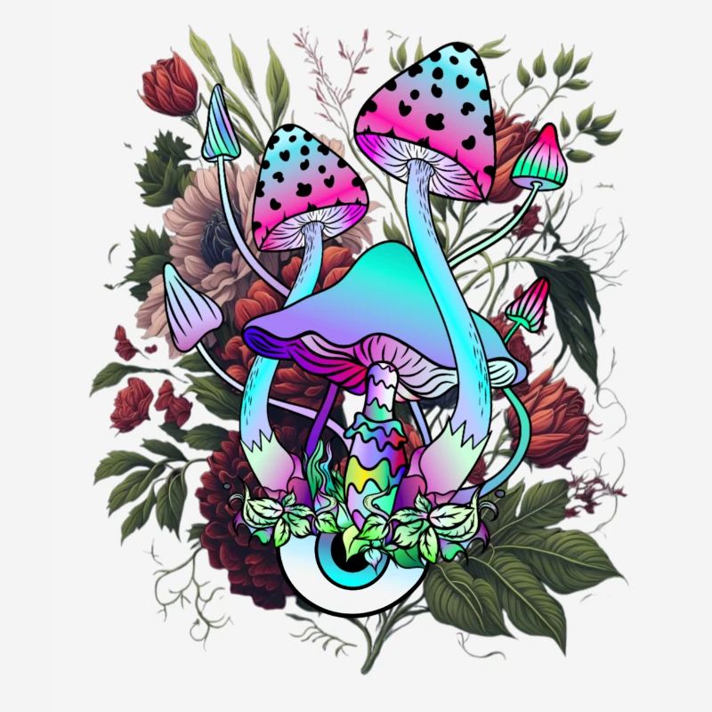 Champignon psychédélique avec œil et fleurs