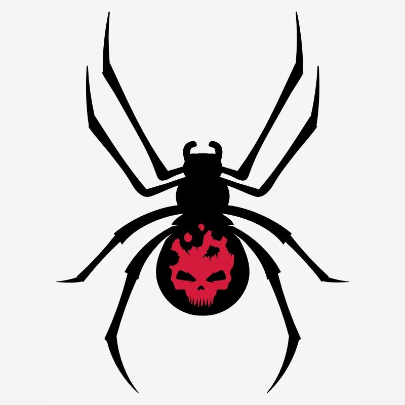 A black spider with red skull